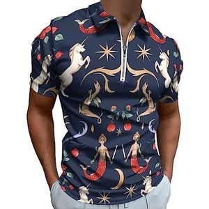 Aquarel Middeleeuwse Eenhoorn Zeemeermin Polo Shirt voor Mannen Casual Rits Kraag T-shirts Golf Tops Slim Fit