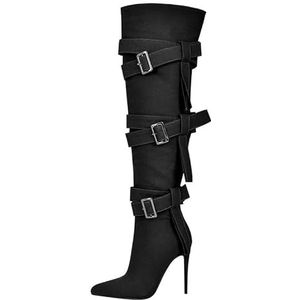 MissHeel Lanngschaft Laarzen over de knie, sexy stiletto's, hoge hakken, gespen, ritssluiting, zwart, 45 EU