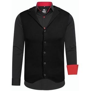Rusty Neal Herenhemd vest premium slim fit lange mouwen stretch contrast overhemd business overhemden vrijetijdshemd set, zwart/rood, XXL