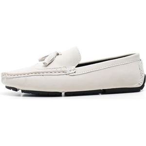 Heren Loafers Vierkante neus Vleugeltips Suède Veganistisch leer met kwastje Antislip Lichtgewicht Platte hak for buiten Feest Instappers (Color : White, Size : 44.5 EU)