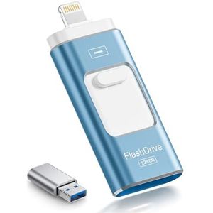 ROSPE 3-in-1 USB Stick 128GB – MFi-gecertificeerde Lightning & USB-C Flashdrive voor iPhone/iPad/Android/PC, USB 3.0 hoge snelheid externe opslaguitbreiding, asblauw