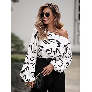 dames topjes Allover Print Asymmetrical Neck Lantern Sleeve Blouse (Color : Wei�, Size : X-Small)