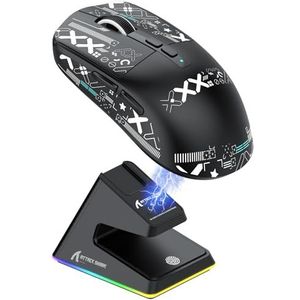 ATTACK SHARK X6 49g SUPERLIGHT muis met magnetisch oplaaddock, PixArt PAW3395 gamingsensor, BT/2.4G draadloze/bedrade gamingmuis met tape, 26000 DPI, X3 upgrademuizen voor Win11/Xbox/PS/Mac (zwart)