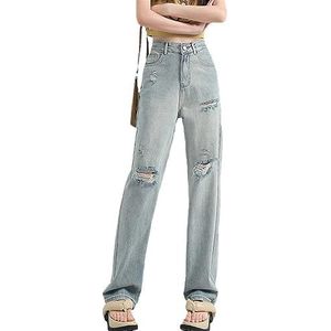 Sawmew Dames hoge taille jeans Stretch jeans broek gescheurd vernietigd losse fit jeans broek Boyfriend denim rechte broek (Color : Blue, Size : S)
