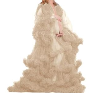 Lange Mouw Geplooide Moederschap Tule Gewaad Voor Fotoshoot Zwangere Badjas Pure Lingerie Nachtjapon AH151, Champagne, 36