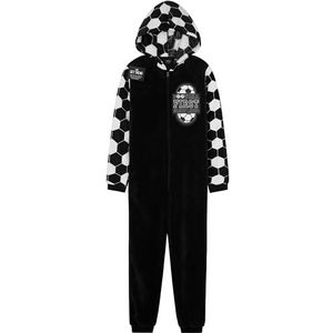Get Trend Fleece onesie voor jongens tieners, loungewear met capuchon, warme pyjama, voetbal of gamen, gezellige jumpsuit, nachtkleding, cadeaus voor jongens, Zwart/Wit Voetbal, 13-14 jaar