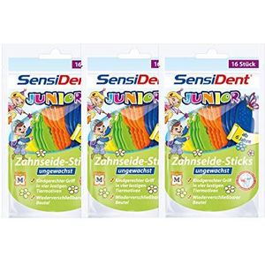 3x SensiDent tandzijde voor kinderen * stick ongewaxt * kindvriendelijk 16 stuks. vanaf 6 jaar.