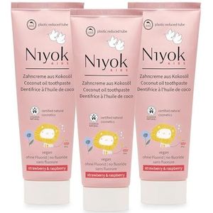 Niyok® Biologische tandpasta voor kinderen (75 ml) set van 3 • Natuurlijke kindertandpasta zonder fluoride • Beschermt tanden en tandvlees • Veganistische kindertandpasta • Met fruitige aardbeien- en