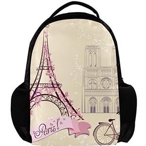 Roze Paris Eiffeltoren Fietsrugzak voor vrouwen en mannen, School reizen werk Rugzak, Meerkleurig, 27.5x13x40cm, Rugzak Rugzakken
