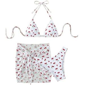 Vrouwen Chique Kersen Print Bikini Sets Drie Stukken Met Mesh Rok Badpak Zwemkleding Badpak Strand Outfits(Color:Style2,Size:M)