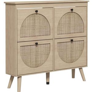 HOMCOM Schoenenkast schoenenkast met 4 kleppen, 20 paar met verstelbare plank, boho-stijl, poten van massief hout, 105 x 24 x 97,5 cm, natuur