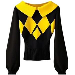 Dames Gebreide Trui Met Diamantpatroon, Warme Winterse Lange Mouwen en Slanke Trui for Casual en Kantoorkleding(Yellow)