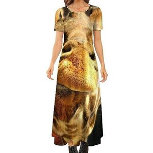 Neon giraffe dames zomer casual korte mouw maxi-jurk ronde hals bedrukte lange jurken 5XL