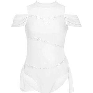 NUOYIXUAN Danskostuum voor kinderen met holle rug en glanzende strass steentjes, gymnastiekbody voor meisjes, gymnastiekpak voor ballet, show-kleding (wit, 16)