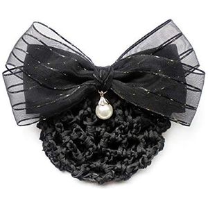 YueLian Womens faux parel hanger haar clip haar knot cover haarspeldjes netto snood haarnet kant bowtie clips (a-zwart)