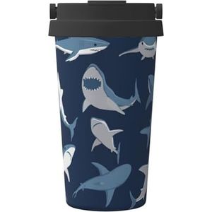 FRGMNT Blauwe cartoon haai print thermische koffiemok, reizen geïsoleerde deksel roestvrij stalen beker voor thuiskantoor buiten