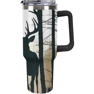 FHESDCW Herten silhouet grote capaciteit autobeker 40 oz roestvrijstalen beker met handvat geïsoleerde waterfles met rietje en deksel bedrukte mokken past in de bekerhouder