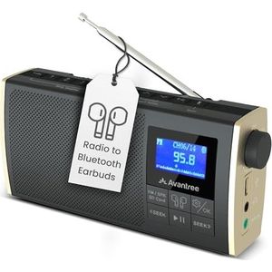 Avantree Soundbyte T - Draagbare FM-radio met Bluetooth-luidspreker, audio-uitzending naar draadloze hoofdtelefoon en SD-kaartspeler, 8 uur oplaadbare batterij en FM-kanaalvoorinstellingen