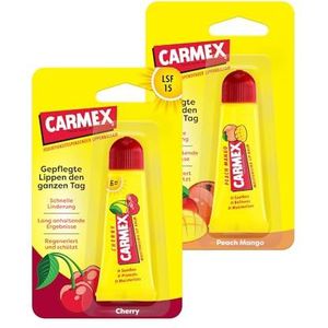 Carmex Peach Mango en Cherry Tube - lippenverzorging voor droge lippen, lippenbalsem hydraterend en kalmerend voor gebarsten lippen, met vaseline, vitamine E en bijenwas - (2 x 10 g)