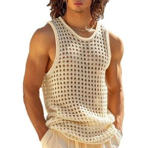 GKEIOSHQIL Heren Doorschijnen Tanktop Casual Mouwloos Hollow Out T-shirts Strand Zomer Mode Sport Gebreide Tops,Beige,L