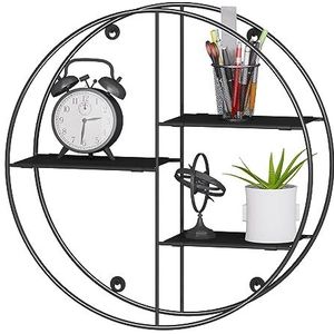 EUGAD Rond wandrek, kinderrek, zwevende plank, metalen rek, zwart, hangrek, industriële wanddecoratie voor woonkamer, kinderkamer, badkamer, met 3 planken, diameter 40 cm