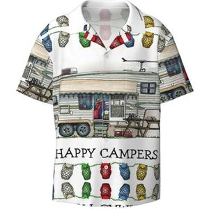 OdDdot Happy Camper Print Heren Overhemden Atletisch Slim Fit Korte Mouw Casual Business Button Down Shirt, Zwart, 3XL