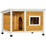 PawHut hondenhok, dennenhout, hondenhok met terras en scharnierend asfaltdak, hut voor kleine honden, binnen, buiten, weerbestendig, oranje, 85,5 x 62 x 60 cm