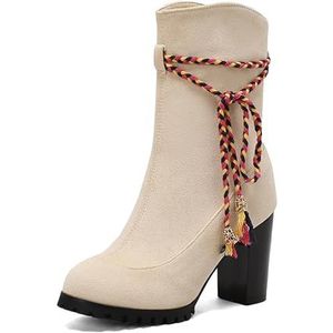 Dames Retro Enkellaarsjes Met Kwastjes 2023 Nieuwe Enkellaarsjes Met Blokhak Warme Snowboots Met Pluche Winter Suède Korte Laarzen Vrije Tijd Katoenen Enkelschoenen for Outdoor (Color : Beige, Size