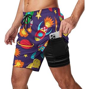 Rockets Planets And Stars Zwembroek voor heren, sneldrogend, 2-in-1 strandsportshorts met compressieliner en zak