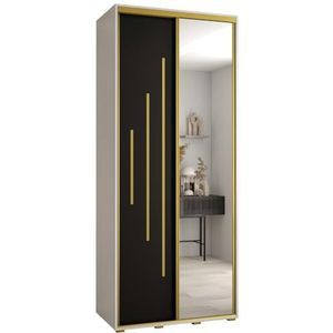 MEBLE KRYSPOL Davos 13 100 Kledingkast met twee schuifdeuren voor slaapkamer - Moderne Kledingkast met spiegel, kledingroede en planken - 235,2x100x60 cm - Wit Zwart Goud
