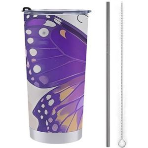 AQRJLPM Leuke paarse vlinder autobeker van roestvrij staal 20 oz beker met rietje en deksels lekvrij geïsoleerde roestvrijstalen reiskoffiemok pobtable voor koude warme dranken kamperen