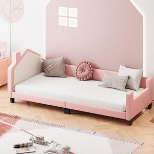 Aunvla Gestoffeerd bed, 90 x 200 cm, kinderbed, PU-leer, kinderslaapbank met hoofd- en voeteneinde, rugleuning, jongens- en meisjeshuisbed, roze
