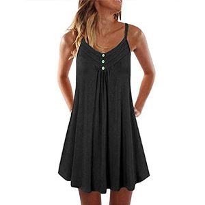 Casual jurk voor dames, kort in pure kleur, geplooide jurk met bandjes, zonder mouwen, eenvoudig, koel voor het strand - zwart - 42