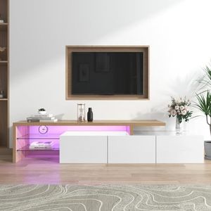 TV-standaard, moderne tv-meubel met LED-verlichting, hoogglans tv-kast met opbergkast en open glazen planken, tv-tafel voor woonkamer, 197,5 x 39 x 42 cm (wit)