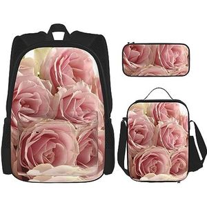 Roze rozen bedrukte casual rugzak met lunchbox etui laptop rugzak reizen dagrugzak, Zwart, Eén maat