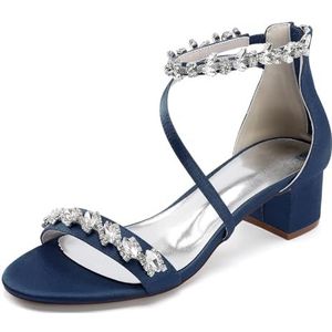 KYEGLO Dames Sandalen Met Open Teen En Strass Steentjes, Dikke Zool En Enkelbandje Met Strass Steentjes, Comfortabele Satijnen Bruidsschoenen Met Ritssluiting,Dark blue,36