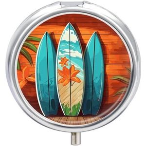 Ronde draagbare pillendispenser prachtig surfplank op houten bedrukte reismedicatie organizer 3 compartimenten geneeskunde opbergdoos met spiegel