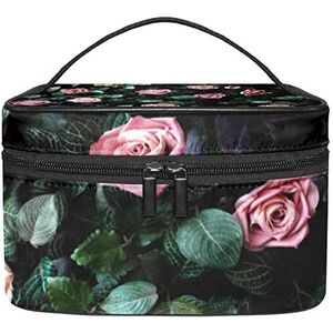 Roze rozen met bladeren patroon make-up organizer tas, reismake-up tas organizer case draagbare cosmetische tas voor vrouwen en meisjes toiletartikelen, Meerkleurig, 22.5x15x13.8cm/8.9x5.9x5.4in