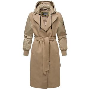 MARIKOO Lange overgangsjas voor dames, outdoorjas in trendy materiaalmix (stijlbreuk) met afneembare capuchon en ceintuur Tjadee 16 XS-3XL, beige (sand beige), XS