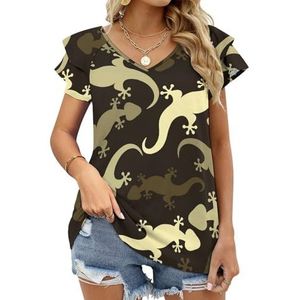 Camouflage Lizards Geckos Grafische Blouse Top Voor Vrouwen V-hals Tuniek Top Korte Mouw Volant T-shirt Grappig