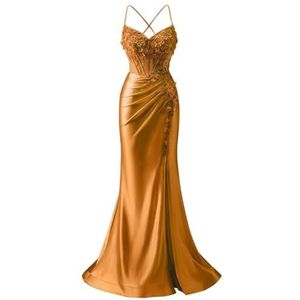 Satijnen Galajurken voor Vrouwen Zeemeermin Formele Avondbaljurken met spleet Ceremonie Jurken Plus Size, Verbrand Oranje, 32