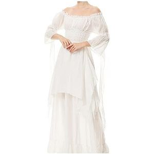 Halloweenkostuum voor dames, middeleeuws, renaissance-kleding met korset, riem, retro maxi-jurk, Victoriaanse gothic jurk, Halloween, carnaval, party, cocktailjurk (wit, L)