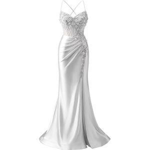 Satijnen Galajurken voor Vrouwen Zeemeermin Formele Avondbaljurken met spleet Ceremonie Jurken Plus Size, Zilver, 32