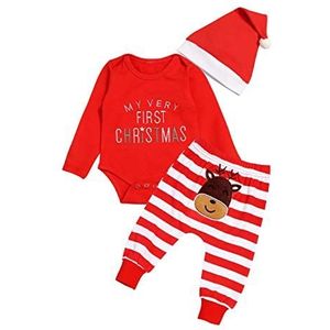 Mijn eerste kerst Baby meisjes jongens rode rompertje met gestreepte broek en hoed 3-delige pasgeboren outfit