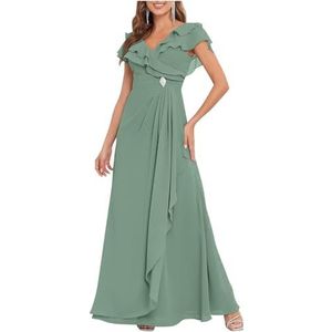 HPPEE Lange Moeder van de Bruid Jurken voor Vrouwen Ruches Cape Mouwen Chiffon Formele Bruiloft Gast Jurk, Eucalyptus, 36