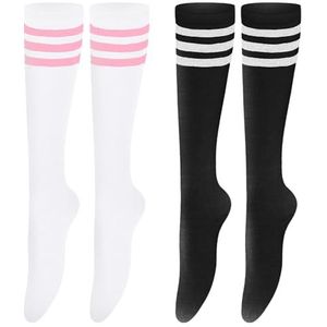 JTMKYO 2 paar kniekousen, gestreepte sokken, zwart-witte kousen, gestreepte laarssokken voor meisjes, 3 gestreepte kousen, hoge sokken, wit, zwart., M-L