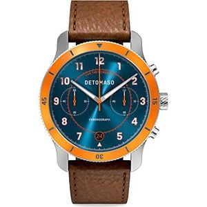 DETOMASO Venture Chronograaf Limited Edition Blue ORANGE - Heren Polshorloge Analoog Quartz Lederen Armband Donkerbruin