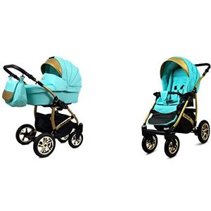 Babylux Gold Lux ​​Baby Wandelwagen 2in1 Deep en Wandelwagen met Accessoires Verstelbaar en Opvouwbaar Lichtgewicht Aluminium Constructie 2 Montagemogelijkheden Mint Gold Frame