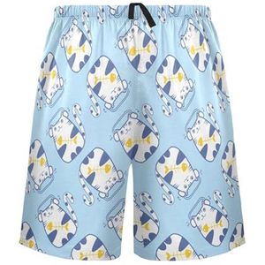 LI ZHI XIN Herenpyjamabroek, korte pyjamabroek, zomer casual shorts, elastische taille met trekkoord, rechte buis losse pasvorm met 2 zakken, S-XXL dierenkat cartoonpatroon, Meerkleurig, S