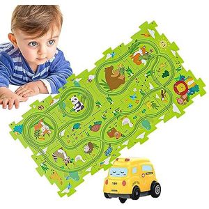 Baanauto speelset | Veilig en draagbaar treinwagonbouwspeelgoed | STEM Educatief Montessori Speelgoed DIY Assembleren Elektrische Trolley Solid Puzzle Board Track Auto Speelgoed voor Kinderen Huasean